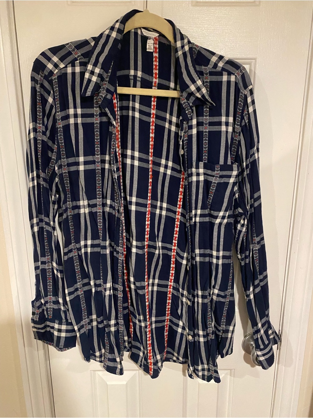 Aeropostale Navy and White Plaid Shirt with Red Stitch Detail